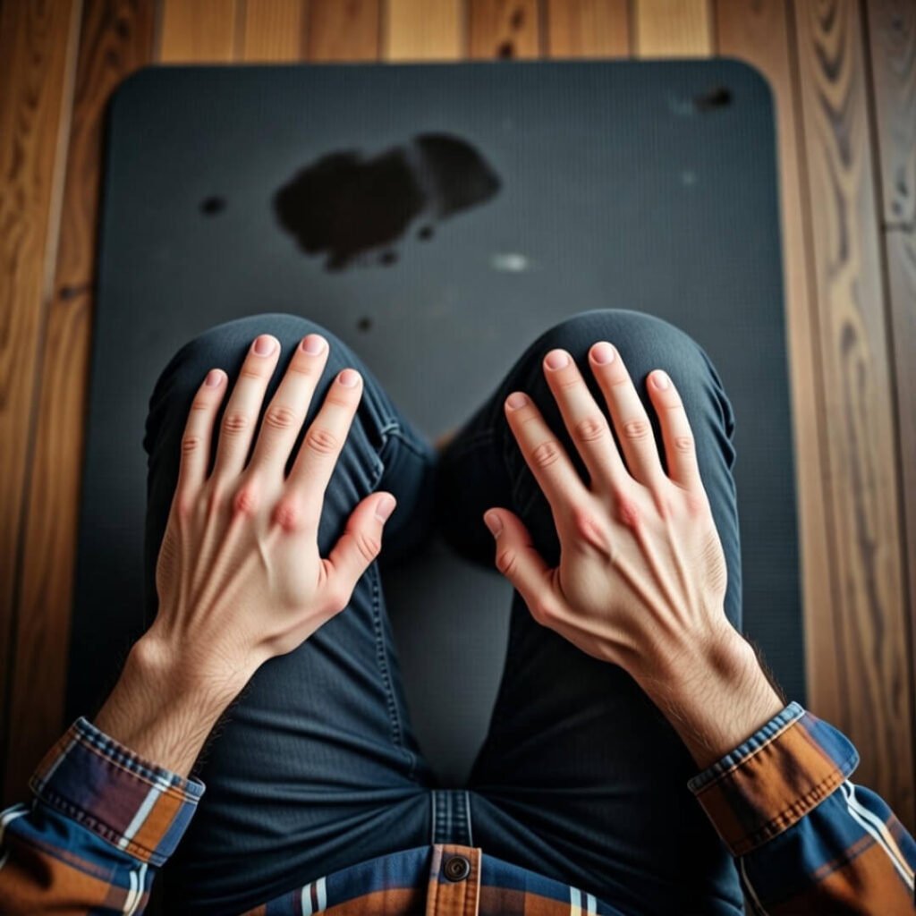 Overhead view of shaky hands on knees, coffee stain on yoga mat