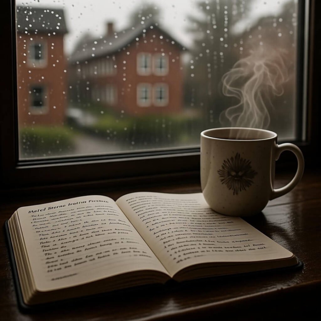 Steaming mug beside rainy window journal.