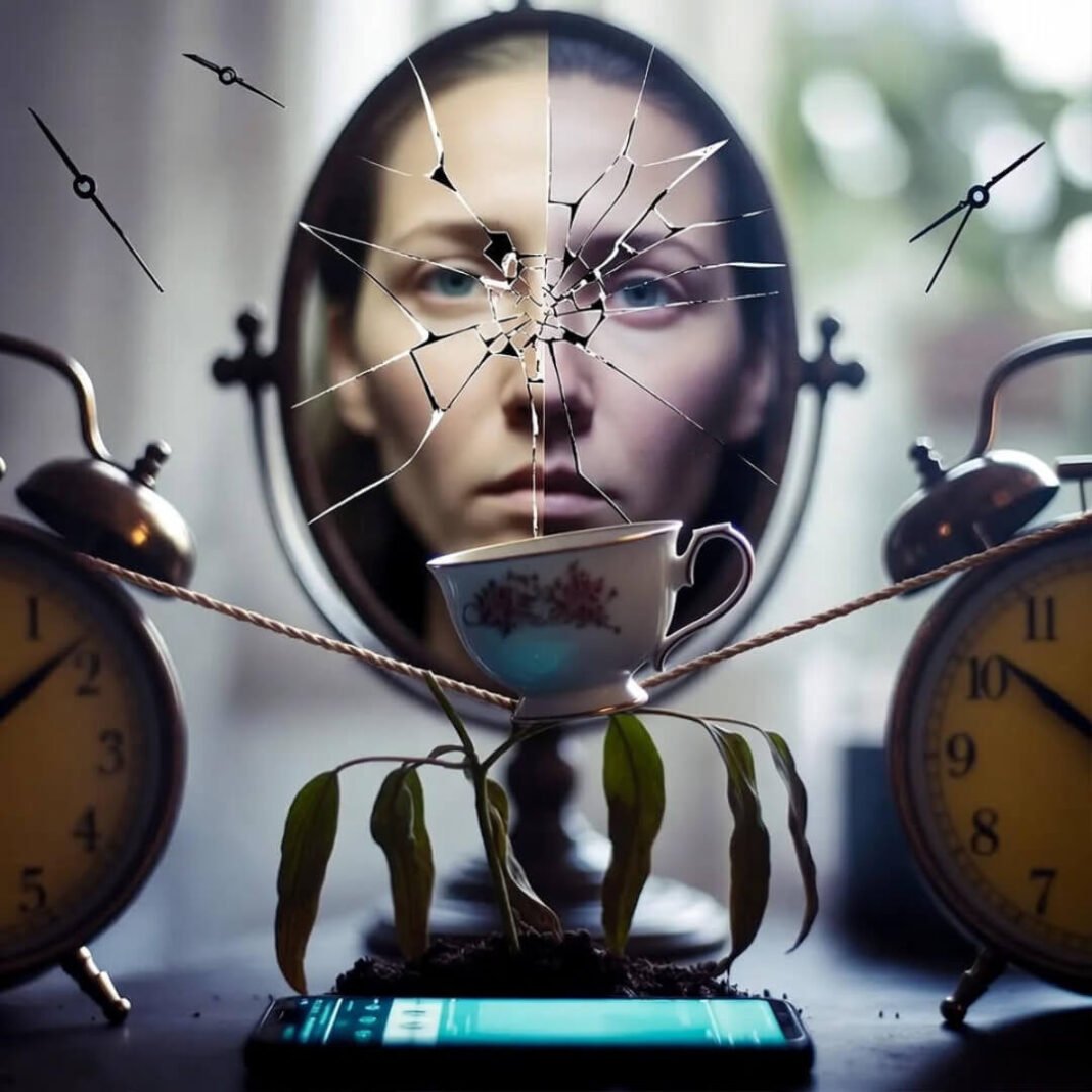 Cracked mirror reflecting split calm/anxious face on tightrope teacup.