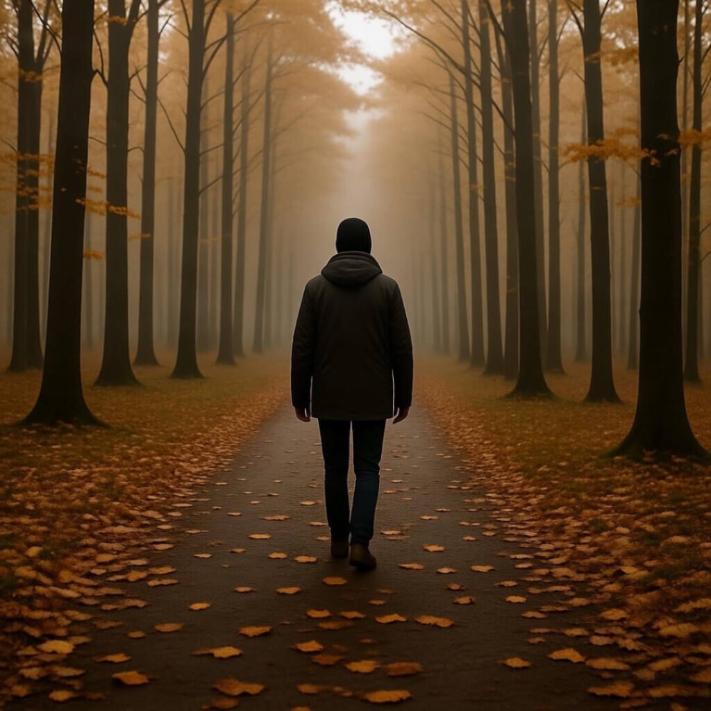 Lone walker on misty autumn forest path.