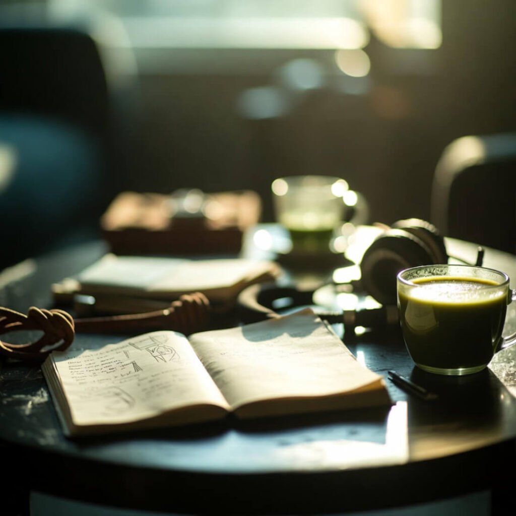 Wilted plant reaching for meditation app under balanced teacup.