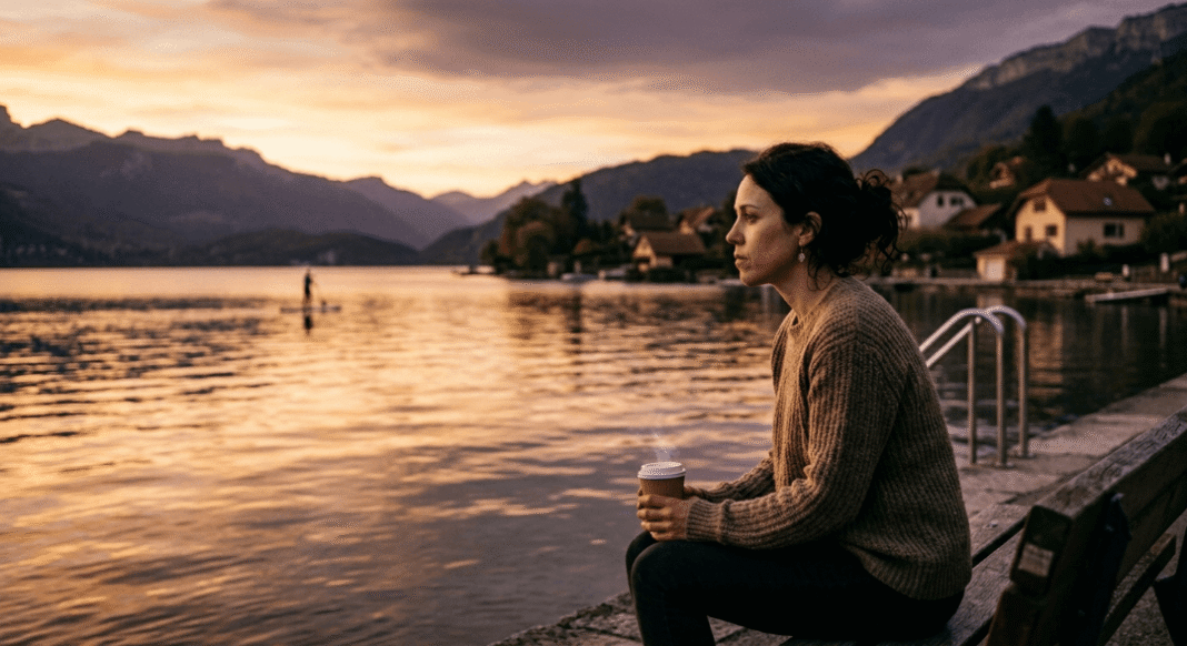 Reflective traveler with coffee watches the sunset over Lake Annecy.