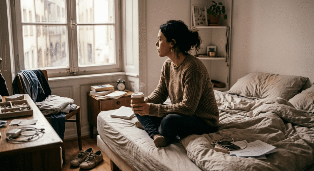 Person sits on bed in morning light, looking out window.